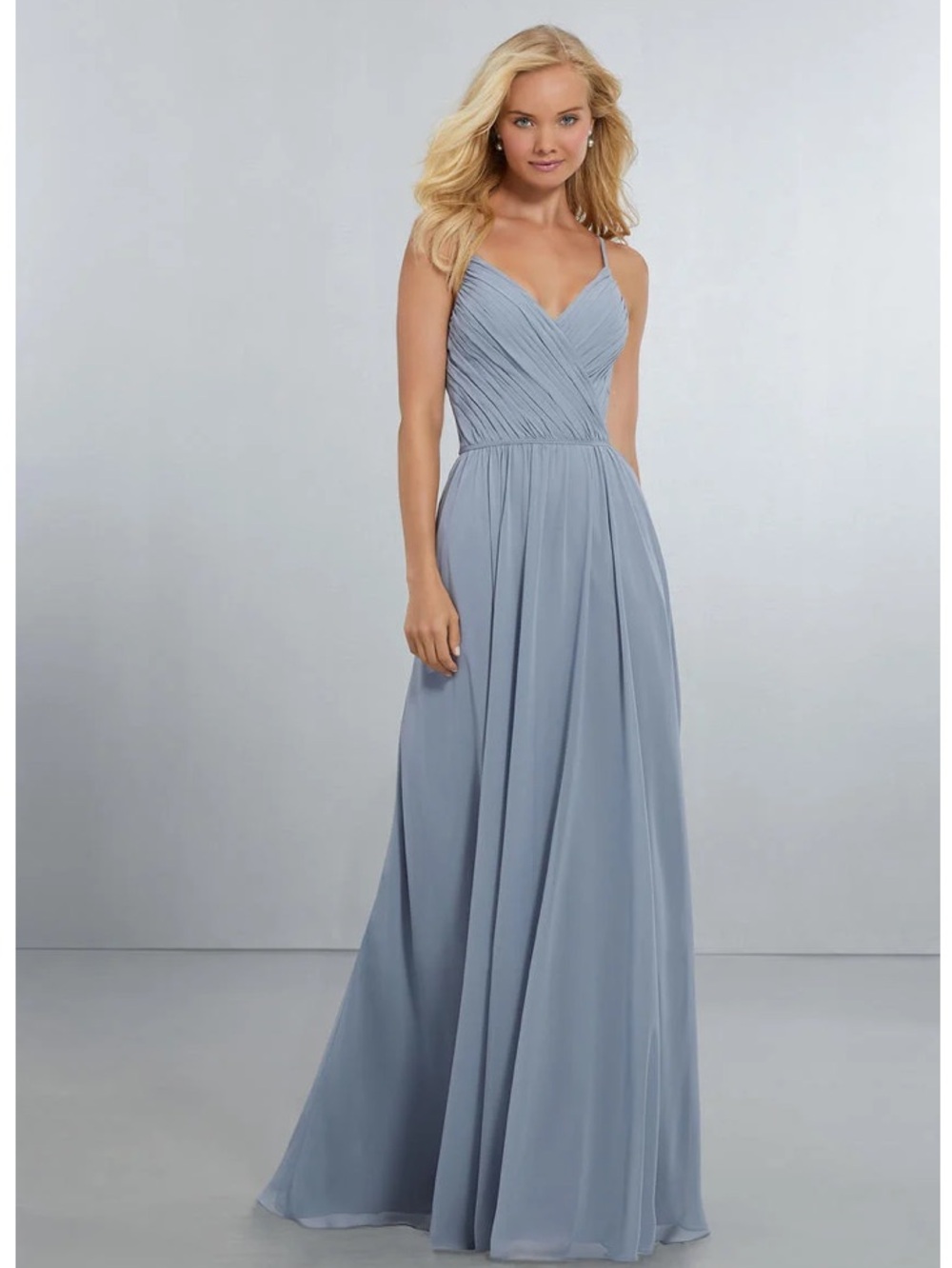 Morilee NWT Gray Blue (Dove) Chiffon Maxi Dress Pleated Crossover Bodice - 10